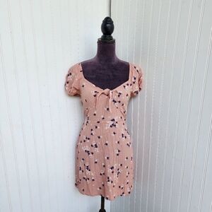 Express Women's Sun Dress  Short Sleeve Pink Floral Tie Front Deep Scoop Neck XS